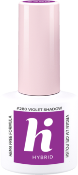 Biała butelka lakieru hybrydowego Hi Hybrid #280 Violet Shadow, z fioletową etykietą i różową nakrętką, widok z przodu.