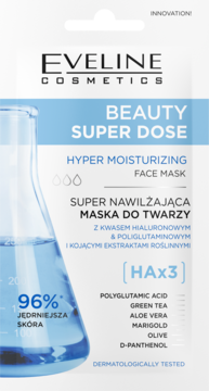 Saszetka Eveline Beauty Super Dose, hyper nawilżająca maska do twarzy z HAx3, niebieskie tło z kolbą laboratoryjną.