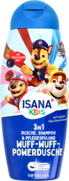 Isana Kids 3w1 żel/szampon Paw Patrol, niebieska butelka z psimi bohaterami i owocowym zapachem.