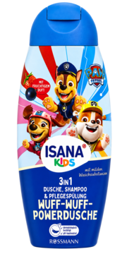 Niebieska butelka ISANA Kids 3w1 Psi Patrol, szampon i żel o zapachu truskawki i czarnej porzeczki, widok z przodu.