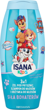 ISANA Kids 3w1 żel pod prysznic, szampon, odżywka z Psi Patrol. Jasnoniebieska butelka, widok z przodu.