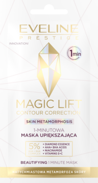 Biała saszetka Eveline Prestige Magic Lift Maska Upiększająca 1minutowa, z efektem diamentowego blasku.