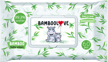 Biodegradowalne chusteczki Bamboolove z bambusa, z 99.3% wody, 60 sztuk, front opakowania z hipopotamami.