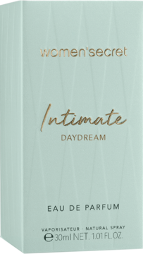 Pudełko Women'secret Intimate Daydream EDP 30ml, jasnomiętowe z złotymi napisami, widok z przodu pod kątem.