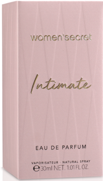 Różowe pudełko Women'secret Intimate Eau de Parfum 30ml, złoty napis, widok pod lekkim kątem.