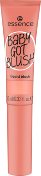 Essence Baby Got Blush w koralowym odcieniu, róż w płynie w pionowej tubce z napisem na etykiecie.