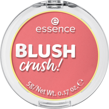 Essence Blush Crush róż do policzków w okrągłym kompakcie, chłodny odcień Cool Berry. Widok z góry z logo Essence.