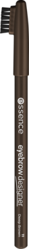 Brązowa kredka Essence Eyebrow Designer 11 Deep Brown ze szczoteczką, ujęcie pionowe na ciemnym tle.