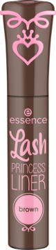 Brązowy eyeliner Essence Lash Princess Liner. Widok z przodu tuby z różowym logo, sercem i koroną oraz napisem "brown".