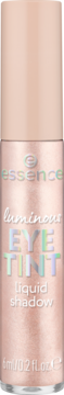 essence Luminous Eye Tint liquid shadow, różowo-złoty, z hologramowym napisem, widok z przodu.