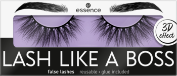 Essence Lash Like a Boss sztuczne rzęsy 3D w czarno-fioletowym opakowaniu, widok z przodu.