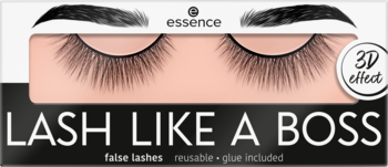 Opakowanie sztucznych rzęs Essence Lash Like a Boss z efektem 3D, czarno-różowe, widoczne dwie rzęsy.