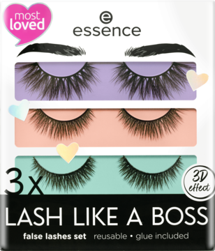 Zestaw trzech par sztucznych rzęs Essence Lash Like a Boss, z klejem, na białym opakowaniu, wielokrotnego użytku.