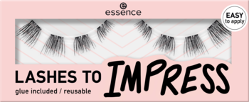 Sztuczne rzęsy Essence Lashes to Impress w różowym opakowaniu, 4 pary. Napisy: 'easy to apply', 'reusable', 'glue'.