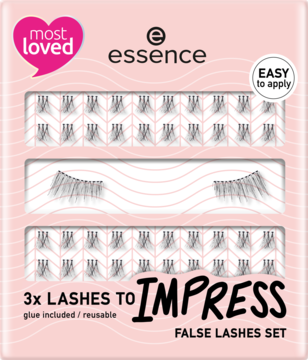 Essence 3x Lashes to Impress, różowe pudełko z trzema poziomami sztucznych rzęs: kępki i paski.
