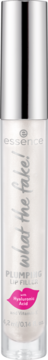 Essence What the fake! plumping lip filler, clear tube with silver cap, front view, 4.2ml.