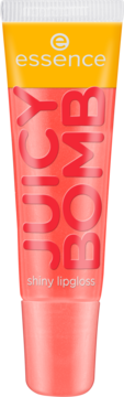 Essence Juicy Bomb shiny lipgloss, coral tube, front view, with 'JUICY BOMB' text and yellow cap.