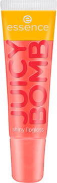 Essence Juicy Bomb shiny lipgloss, coral tube, front view, with 'JUICY BOMB' text and yellow cap.
