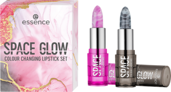 Essence Space Glow zestaw: opakowanie i dwie otwarte, marmurkowe pomadki zmieniające kolor - różowa i szara.