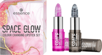 Essence Space Glow zestaw: opakowanie i dwie otwarte, marmurkowe pomadki zmieniające kolor - różowa i szara.