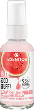 Essence Hello, Good Stuff! Glow Serum Primer, butelka z różowym płynem, arbuz i biała pompka, widok z przodu.