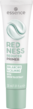 Biała tubka Essence Redness Reducer Primer 30ml, z zielonymi napisami i wzorem, z zielonej herbaty, widok z przodu.