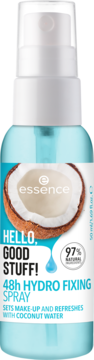 Buteleczka Essence 48h Hydro Fixing Spray z kokosem, niebieska, do utrwalania makijażu, widok z przodu.