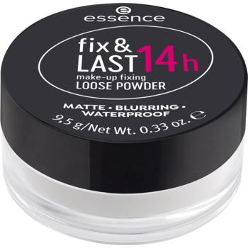 Essence Fix & Last 14h transparentny sypki puder matujący, w przezroczystym słoiczku z czarnym wieczkiem, widok z przodu.