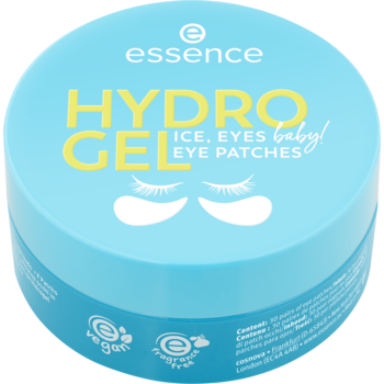 Niebieskie wegańskie płatki Essence Hydro Gel, w okrągłym słoiczku z żółtym napisem, widok z góry.
