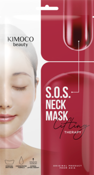 KIMOGO S.O.S. Neck Mask Lifting Therapy, hydrożelowa, z kolagenem i peptydami, czerwono-białe opakowanie.