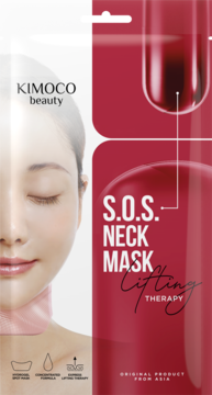 KIMOGO S.O.S. Neck Mask Lifting Therapy, hydrożelowa, z kolagenem i peptydami, czerwono-białe opakowanie.