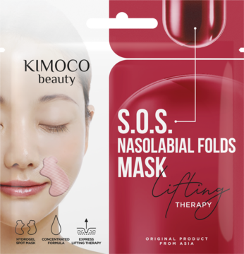 Maska Kimoco Beauty S.O.S. Nasolabial Folds Lifting Therapy, czerwone opakowanie i twarz z aplikacją.