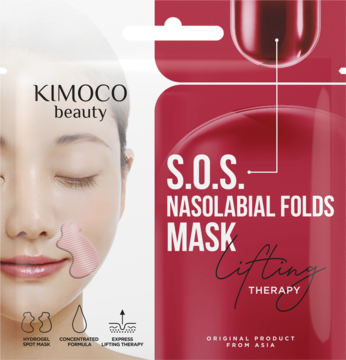 Maska Kimoco Beauty S.O.S. Nasolabial Folds Lifting Therapy, czerwone opakowanie i twarz z aplikacją.