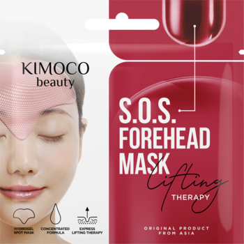 KIMOCO beauty S.O.S. Forehead Mask Lifting Therapy, czerwona hydrożelowa maska na czoło z grafiką kobiety.
