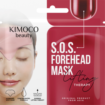 KIMOCO beauty S.O.S. Forehead Mask Lifting Therapy, czerwona hydrożelowa maska na czoło z grafiką kobiety.