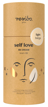 Resibo Self Love BB Cream Light Beige, brązowe opakowanie z napisem, swatch koloru i abstrakcyjną twarzą.