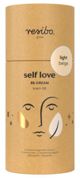 Resibo Self Love BB Cream Light Beige, brązowe opakowanie z napisem, swatch koloru i abstrakcyjną twarzą.