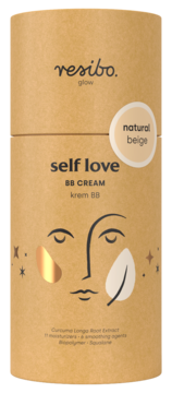 Resibo Self Love BB Cream Natural Beige w brązowym cylindrycznym opakowaniu, front, z grafiką twarzy i napisem.