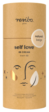 Resibo Self Love BB Cream Natural Beige w brązowym cylindrycznym opakowaniu, front, z grafiką twarzy i napisem.