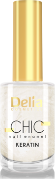 Delia Cosmetics CHIC lakier do paznokci z keratyną, biały, w szklanej butelce ze złotą nakrętką. Widok z przodu.