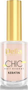 Delia Cosmetics Chic nail enamel z keratyną w butelce, kolor nude, złota nakrętka, widok z przodu.