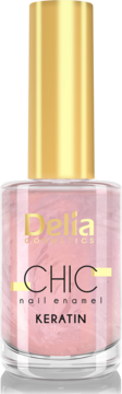 Różowy lakier do paznokci Delia Cosmetics Chic Keratin w szklanej butelce ze złotą nakrętką, widok z przodu.