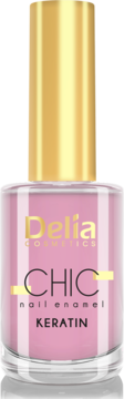 Delia Cosmetics CHIC Keratin, różowy lakier do paznokci z pionowymi pasami, w szklanej butelce, złotą zakrętką.