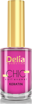 Delia Cosmetics Chic lakier do paznokci z keratyną, butelka z różowym odcieniem, złota zakrętka, widok z przodu.