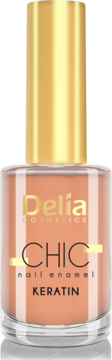 Delia Chic Keratin nail enamel w szklanej butelce, brzoskwiniowy lakier, złota nakrętka, widok z przodu.