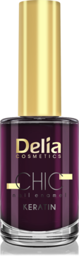 Lakier do paznokci Delia Cosmetics Chic z keratyną, ciemnofioletowa butelka ze złotą nakrętką, widok z przodu.