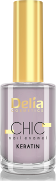 Lakier do paznokci Delia Chic Keratin w przezroczystej butelce z lawendową emalią i złotą nakrętką.