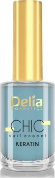 Lakier Delia Chic Keratin, jasnoniebieski, w przezroczystej butelce ze złotą nakrętką, widok z przodu.