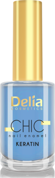 Błękitny lakier Delia Cosmetics Chic Keratin w szklanej butelce, złotym korkiem, widok z przodu.