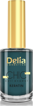 Lakier do paznokci Delia Cosmetics Chic Keratin, butelka ciemnego turkusu ze złotą nakrętką, widok z przodu.